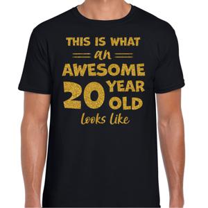 Cadeau T-shirt voor heren - leeftijd 20 jaar - awesome - zwart - glitter goud - Verjaardagsfeest