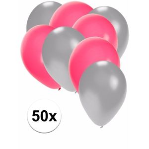 50x ballonnen - 27 cm - zilver / roze versiering