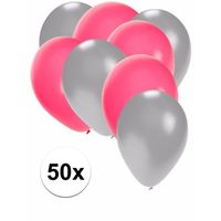 50x ballonnen - 27 cm - zilver / roze versiering - thumbnail