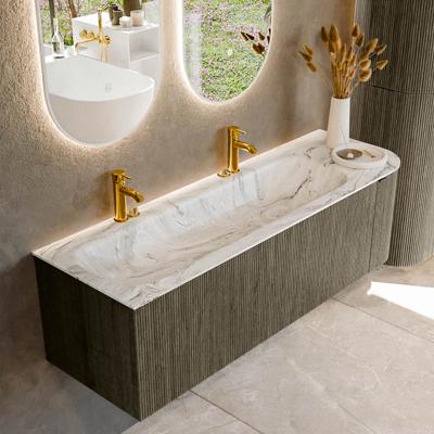 Badmeubel Mondiaz Kurve-Dlux | 145 cm cm | Meubelkleur Shadow | Wastafelkleur Glace | Solid surface | Wasbak links zijde spoelbak | 2 kraangaten
