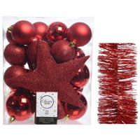 Kerstversiering kerstballen 5-6-8 cm met ster piek en glitter slingers pakket rood van 35x stuks - Kerstbal - thumbnail