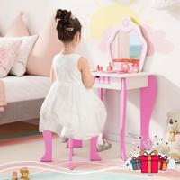 Kinderen Kaptafel en Krukje Set Princess Make-up Kleed Tafel Set met Spiegel & Lade 2-In-1 Kleuter Kaptafel Set Schrijftafel Roze
