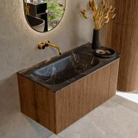 Mondiaz KURVE-DLUX 95 cm Onderkast Greeploos 1 Lade Met Deuren Walnut, Wastafel Solid Surface Links Lava 0 Kraangaten Zonder Spiegel (KRVBGS95R1L1D0KL-Wal/Lav)