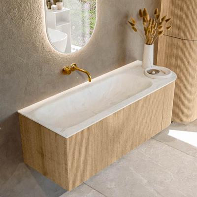 Mondiaz KURVE-DLUX 125 cm Onderkast Greeploos 1 Lade Met Deuren Oak, Wastafel Solid Surface Links Opalo 0 Kraangaten Zonder Spiegel (KRVBGM125R1L1D0KL-Oak/Opa)