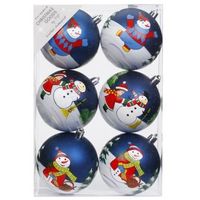 6x Blauwe kerstballen 8 cm kunststof met print - thumbnail