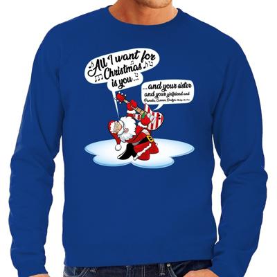 Kersttrui in grote maten - sweater - Zingende kerstman met gitaar - blauw - voor heren