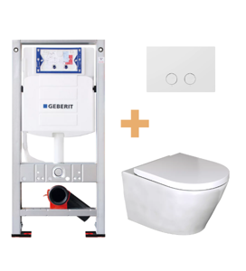 Luca Varess Calibro hangend toilet hoogglans wit randloos met medio wc-bril en Geberit UP320 Sigma inbouwreservoir, Burda frame met bedieningspaneel