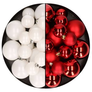 Kerstversiering kunststof kerstballen mix rood/winter wit 6-8-10 cm pakket van 44x stuks - Kerstbal