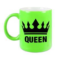 Cadeau Queen mok/ beker fluor neon groen met zwarte bedrukking 300 ml - feest mokken - thumbnail