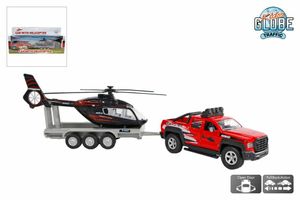 Kids globe terreinwagen met trailer met helikopter 35cm