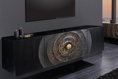 Hangend dressoir GOLDEN SUNSET 180cm zwart met 3D houtsnijwerk goud massief mango hout handgemaakt - 44525