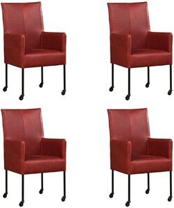 Set van 4 Rode leren moderne eetkamerstoelen Spark - poot rond zwart met wiel - Granada leer Rouge (rood leer)