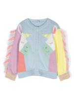 Stella McCartney Kids patterned-intarsia frayed cardigan - Bleu