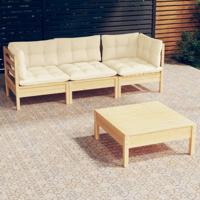 4-delige Loungeset met crèmekleurige kussens grenenhout
