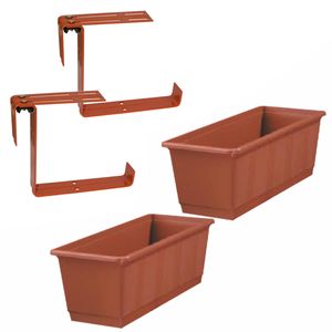 Set van 2 kunststof plantenbakken terracotta rechthoekig 40 cm met 4 verstelbare railingbeugels