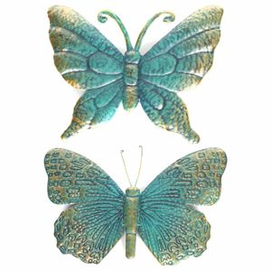 Set van 2x stuks tuindecoratie muur/wand vlinders van metaal turquoise/goud 22 en 31 cm