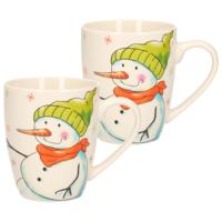 Kerst mok - 2x stuks - sneeuwpop - 8 x 10 cm - porselein - 300 ml - beker - koffiemok