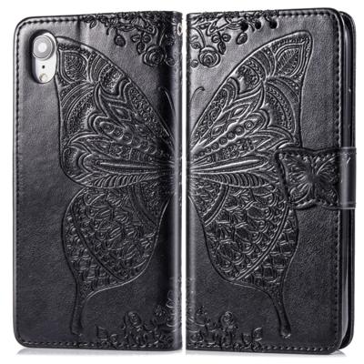 Butterfly Love bloemen reliëf horizontale Flip lederen case voor iPhone XR met houder & kaartsleuven & portemonnee & Lanyard (zwart)