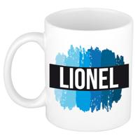 Lionel naam cadeau koffie mok - beker - met blauw verfstrepen - Cadeau collega - vaderdag