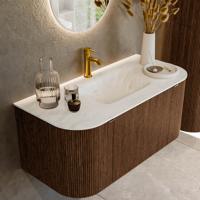 Badmeubel Mondiaz Kurve-Dlux | 100 cm | Meubelkleur Walnut | Wastafelkleur Opalo | Solid surface | Midden spoelbak | 1 kraangat