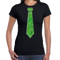 Verkleed t-shirt voor dames - stropdas groen - pailletten - zwart - carnaval - foute party