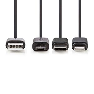 Nedis 3-in-1-Kabel | USB 2.0 | USB-A Male | Apple Lightning 8-Pins / USB Micro-B Male / USB-C Male | 480 Mbps | 1.00 m | Vernikkeld | Rond | PVC |
