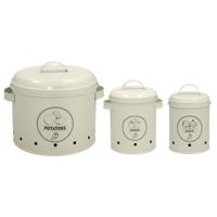 Bewaar potten/blikken set - 3x stuks - ui/knoflook/aardappels - metaal - creme