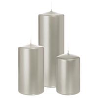 Cilinderkaarsen/stompkaarsen - set van 3 - metallic zilver - 6x8/7x13/7x20 cm