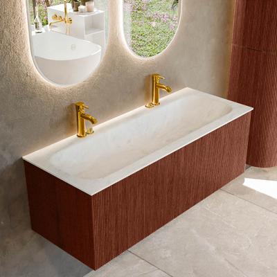 Badmeubel Mondiaz Kurve-Dlux | 120 cm cm | Meubelkleur Ruby | Wastafelkleur Opalo | Solid surface | Wasbak midden spoelbak | 2 kraangaten