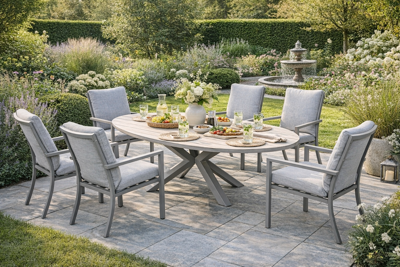 Garden Impressions Vera diningset taupe / light teak tafel en 6 taupe valley sand fauteuils- - Aluminium- Garden Impressions