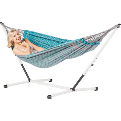 Eenpersoons hangmat met metalen standaard - 300x140cm - BlauwGroen - 120kg draagkracht- 100% katoen - binnen & buiten