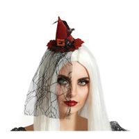 Halloween heksenhoed - mini hoedje op diadeem - one size - rood - met sluier - meisjes/dames - thumbnail