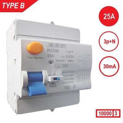 Aardlekschakelaar 3p+N 25A 30mA Type B 10 kA SEP RCD-B4025