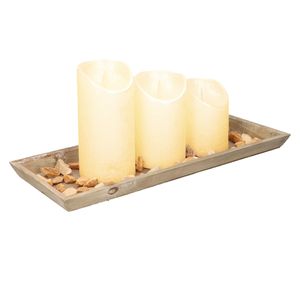 Houten dienblad met steentjes en 3 LED kaarsen in creme kleur 39 x 15 cm