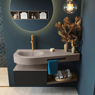 MONDIAZ RIVA 120cm badmeubel onderkast / planchet kleur Urban met 1 lade. Wastafel DULCET links 1 kraangat kleur Smoke. MONDIAZ RIVA 120cm badmeubel onderkast / planchet kleur Urban met 1 lade. Wastafel DULCET links 1 kraangat kleur Smoke.