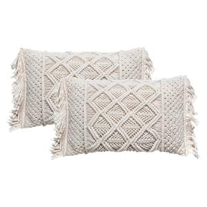 Sierkussen Macrame Ibiza voor binnen - 2x - ivoor wit - 30 x 50 cm - katoen/polyester