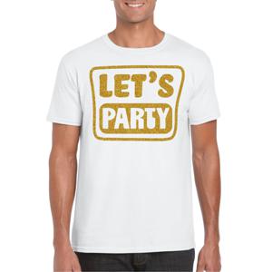 Verkleed T-shirt voor heren - lets party - wit - glitter goud - carnaval/themafeest