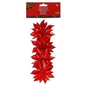 Decoratie bloemen - op clip - 4x - rood - 9,5 cm - kunststof - kerstbloemen