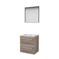 Basic-Line Framed 46 Badkamermeubelset - 60 x 46 cm - Met Grepen - 2 Lades - Keramische Wastafel - 1 Kraangat - Spiegel met Zwart Aluminium Frame - Scotch Oak