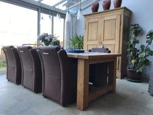 Set van 6 leren eetkamerfauteuils - met armleuning en wieltjes - bruin leer - Echt leer, Landelijk, ontdek de vele Leersoorten en Kleuren bij ShopX
