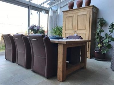 Set van 6 leren eetkamerfauteuils - met armleuning en wieltjes - bruin leer - Echt leer, Landelijk, ontdek de vele Leersoorten en Kleuren bij ShopX