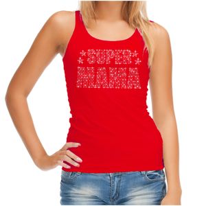 Glitter Super Mama tanktop rood Moederdag cadeau rhinestones steentjes voor dames