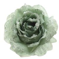 Decoratie roos - op clip - salie groen - 14 cm - kunststof - kerstbloemen - kerstboomversiering