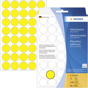 Herma 2251 Etiketten Ø 19 mm Papier Geel 1280 stuk(s) Permanent hechtend Etiketten voor markeringspunten