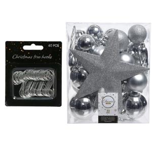 33x stuks kunststof kerstballen zilver 5, 6 en 8 cm inclusief ster piek en kerstbalhaakjes