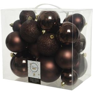 Kerstballen - 26x st - donkerbruin - 6-8-10 cm - kunststof - kerstversiering