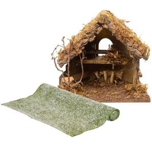 Lege kerststal - L30 x B18 x H26 cm - incl. gras ondergrond/achtergrond - besneeuwd