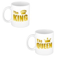 The queen en the king cadeau mok / beker wit met gouden tekst en kroon 300 ml   -
