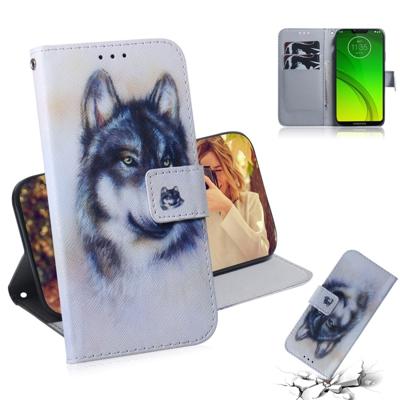 Witte Wolf patroon gekleurde tekening horizontale Flip lederen draagtas voor Motorola Moto G7 Power met houder & kaartsleuven & portemonnee