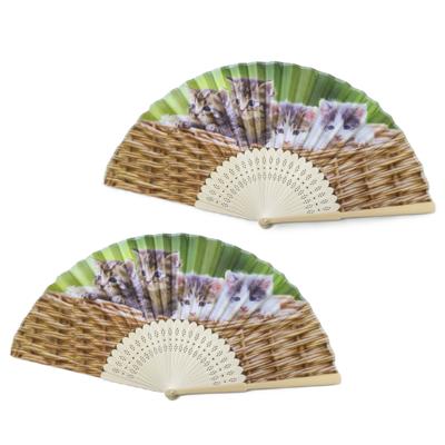 Spaanse handwaaier - 2x - kittens/poezen print - hout/polyester - 38 x 21 cm